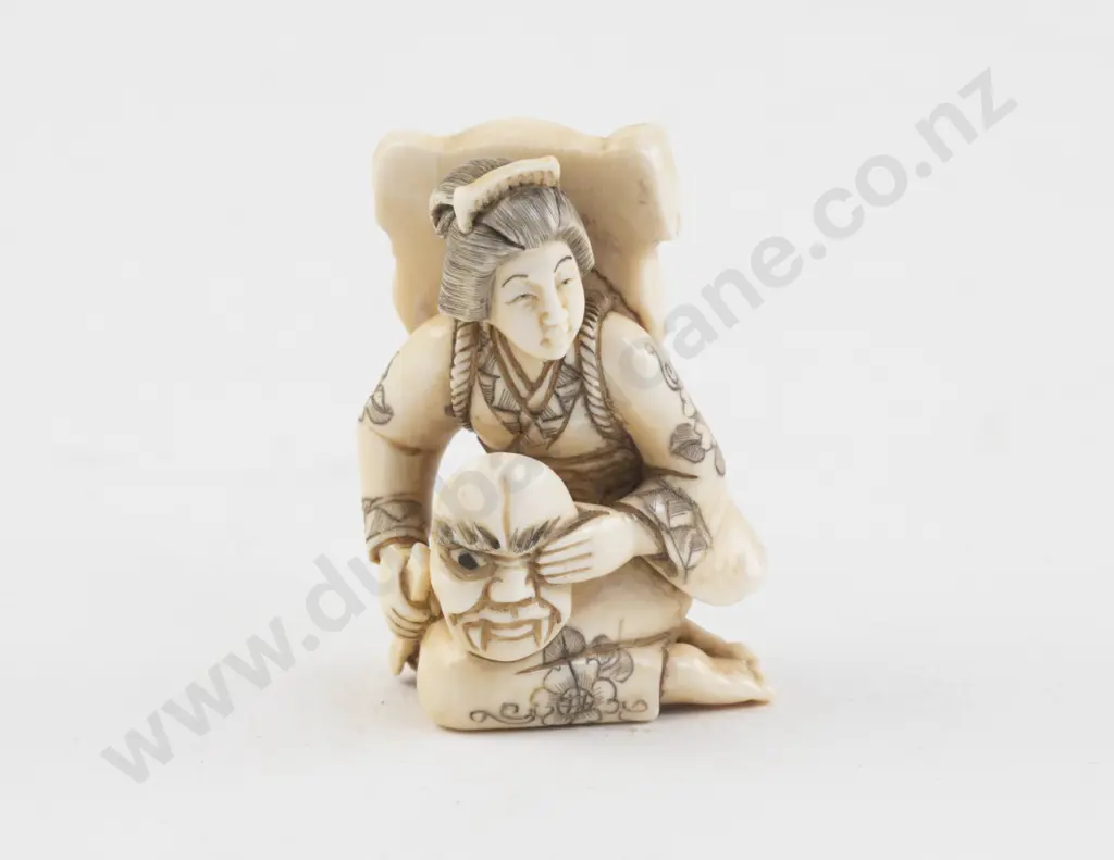 Signed Ivory Netsuke of a Kneeling Woman Painting Demon Masks Image 1++