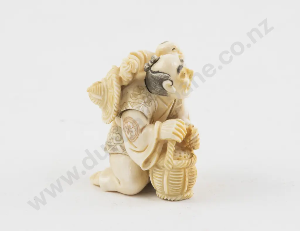 Signed Ivory Netsuke of a Vendor with Child on His Back Image 1++