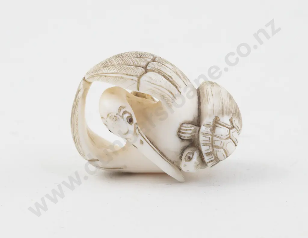 Signed Ivory Netsuke of a Crane and Turtle Image 1++