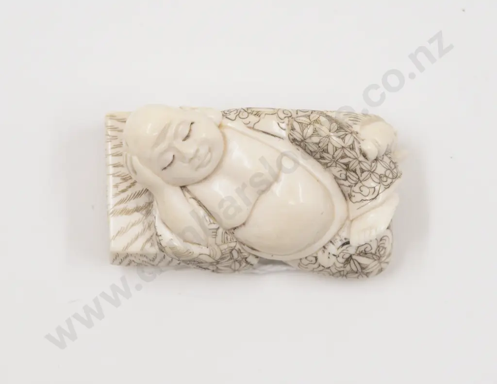 Signed Ivory Netsuke of a Reclined Sleeping Hotei Image 1++
