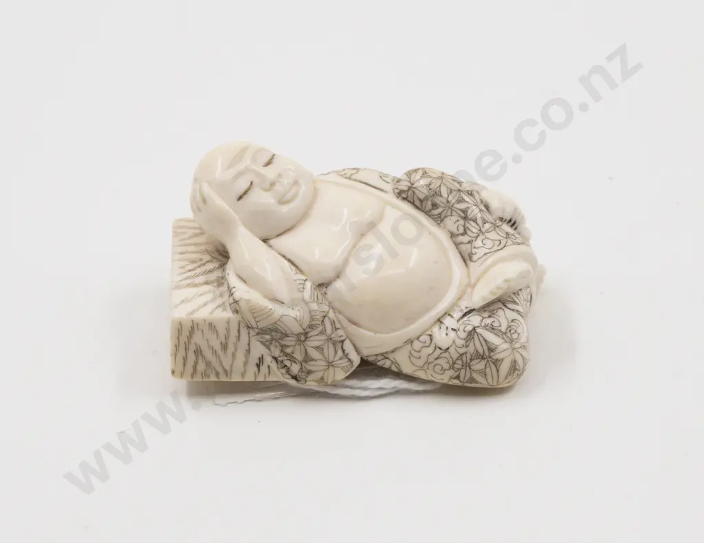 Signed Ivory Netsuke of a Reclined Sleeping Hotei Image 1++