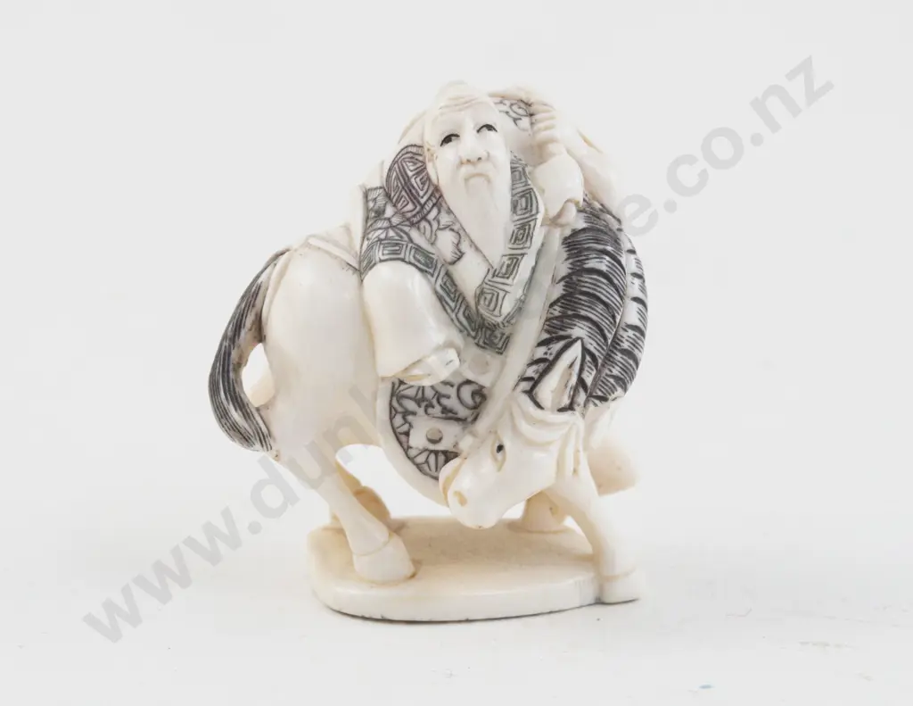 Signed Ivory Netsuke of an Immortal Riding a Horse Image 1++
