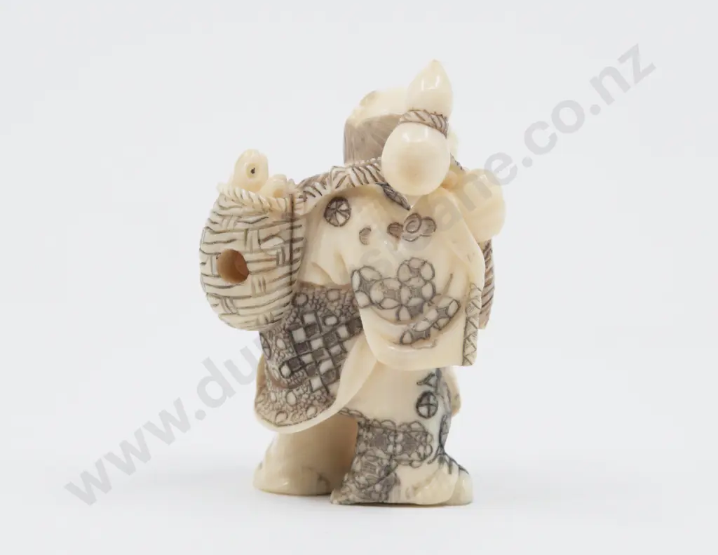 Signed Ivory Netsuke of a Old Man with Pipe and Turtle in Basket on His Back Image 1++