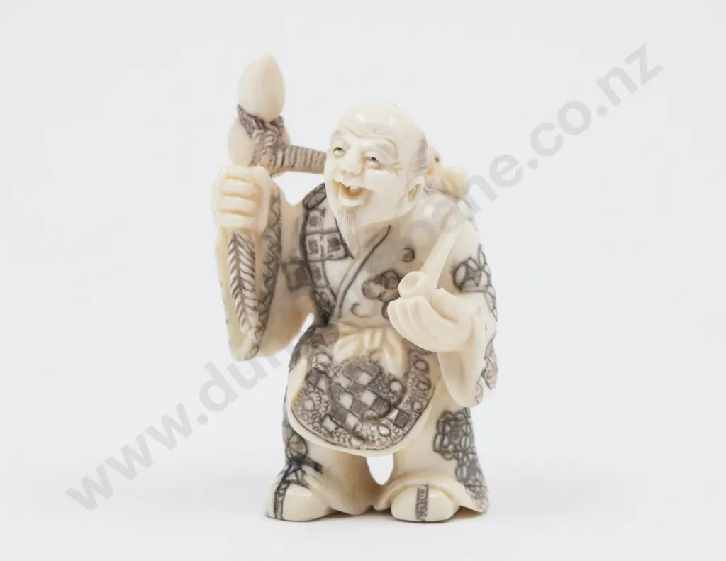 Signed Ivory Netsuke of a Old Man with Pipe and Turtle in Basket on His Back Image 1++