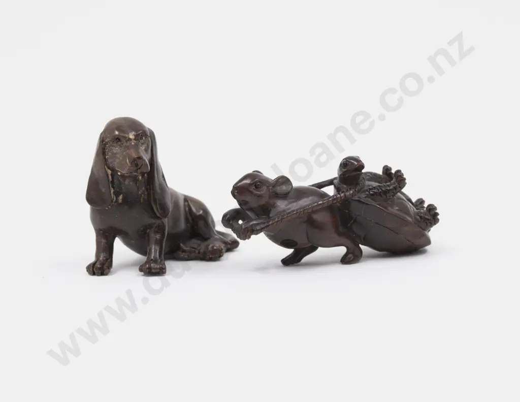 Signed Carved Hardwood Netsuke of a Hound and other of a Rat and Turtle Image 1++