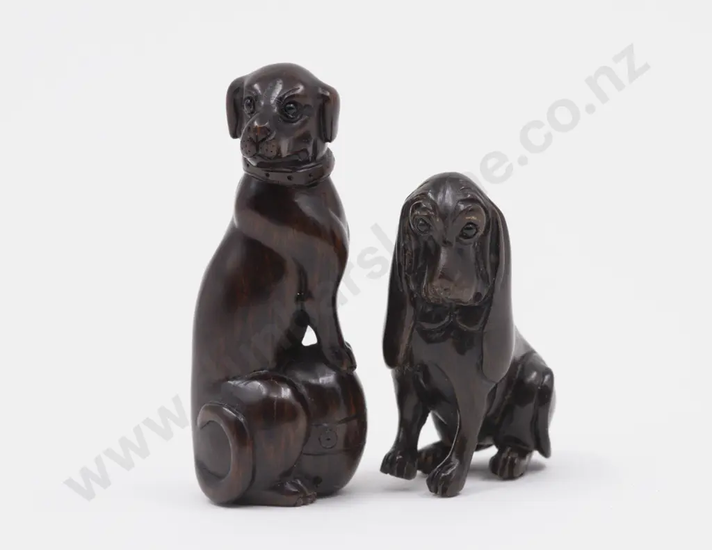 Two Signed Carved Hardwood Netsuke of Hounds Image 1++