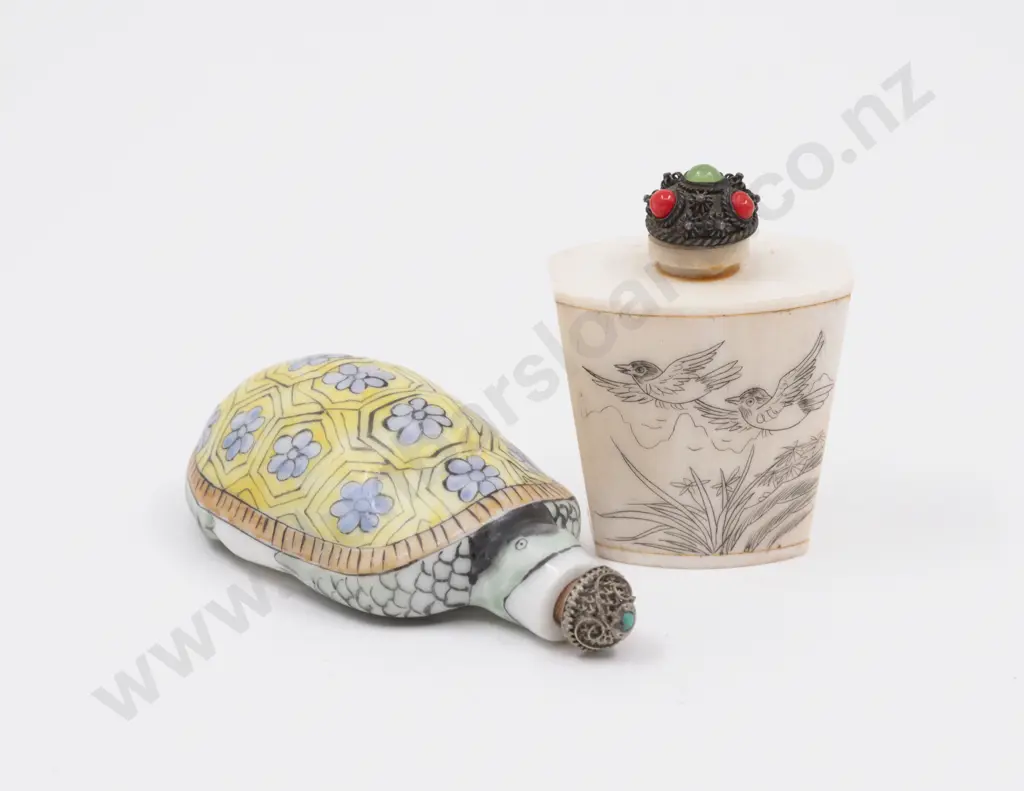 Bone Snuff Bottle and Porcelain Bottle Formed as a Turtle Image 1++