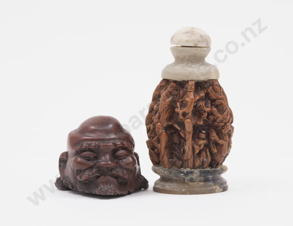 Carved Fruit Wood Netsuke of a Old Man Bust and Carved Walnut Snuff Bottle Image 1++