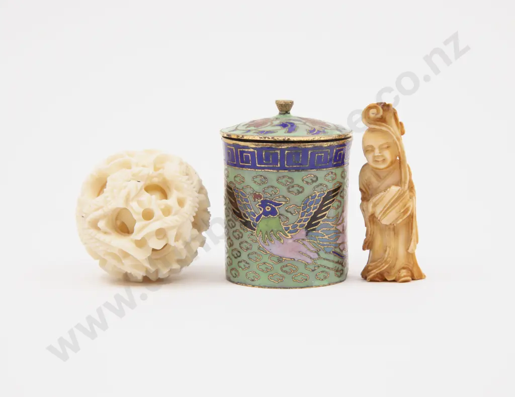 Small Carved Ivory Puzzle Ball and Immortal Figure (af) with Cloisonné Trinket Pot Image 1++