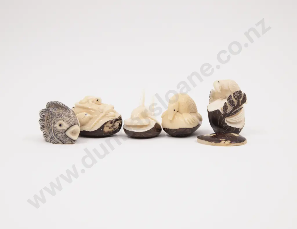 Four Carved Tagua Nut Vegetable Ivory Figures and Resin Fish Image 1++