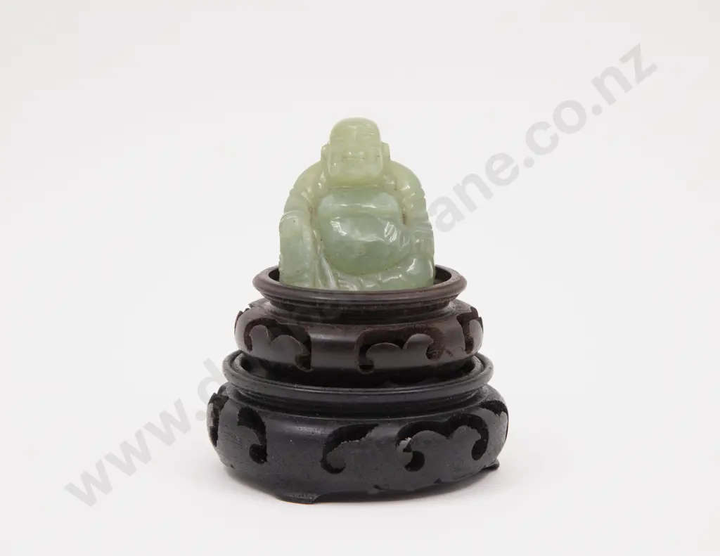 Small Jade Hotei with Two Vase Stands Image 1++