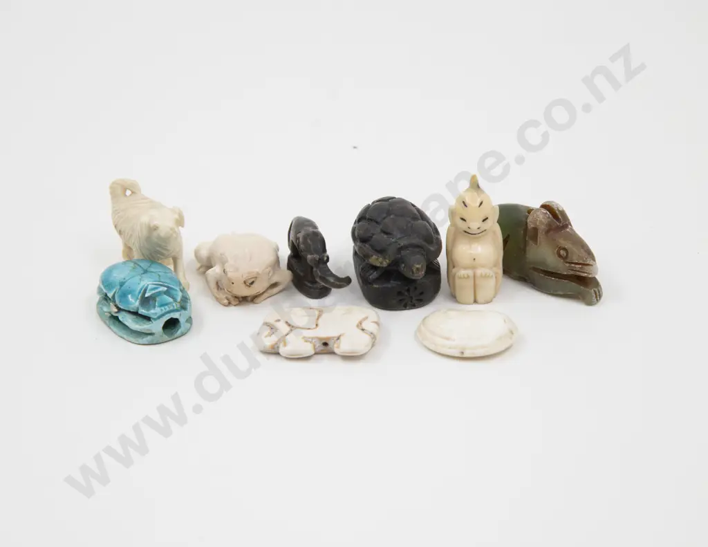 Collection of Various Vintage Beads Ivory Dog and Two Bronze Weight Measures Image 1++