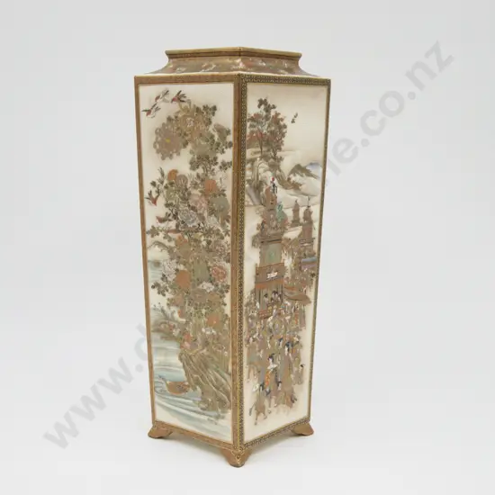 Japanese Satsuma Meiji Period Tall Slab Sided Vase