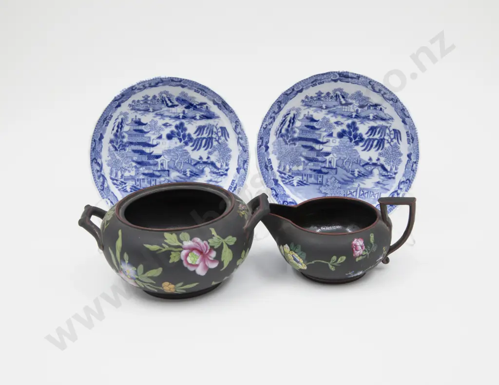 Pair Mid C19th B&W Saucers and Wedgwood Sugar & Cream Jug Image 1++