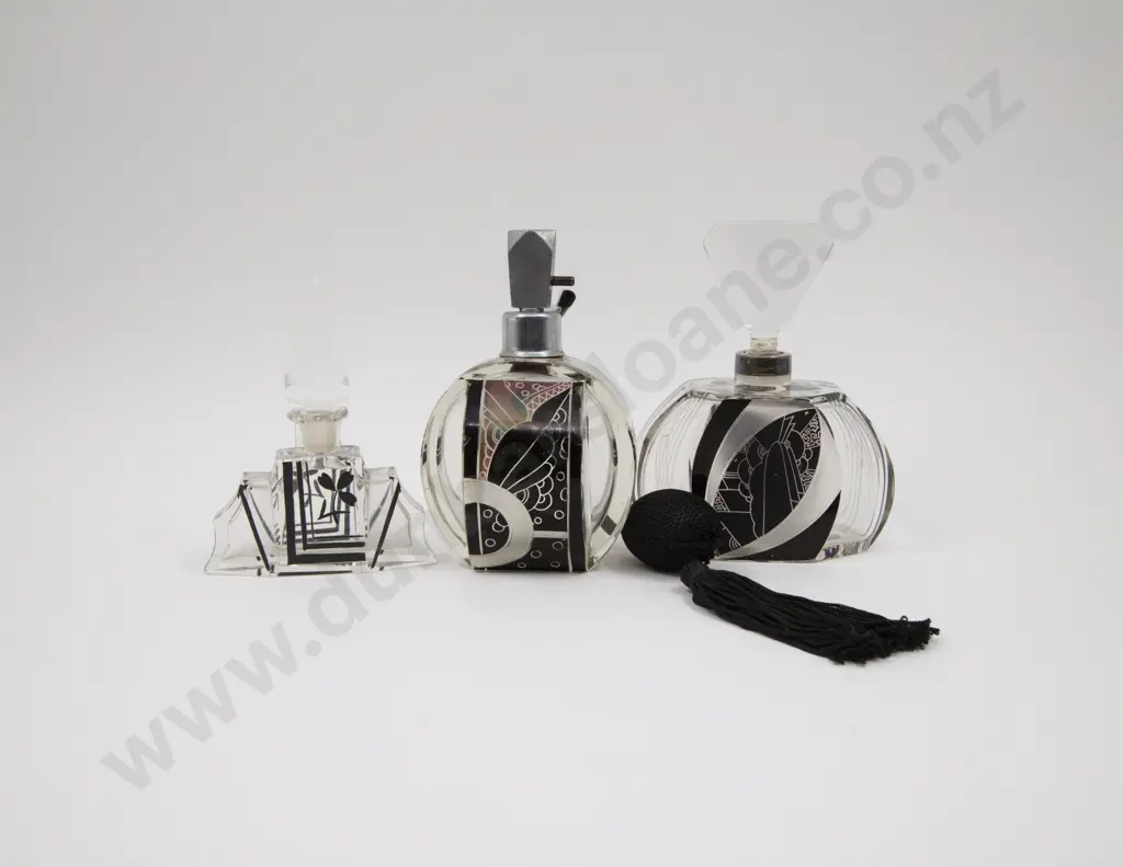 Three Various Art Deco Czech Black Enamel Crystal Perfume Bottles Image 1++