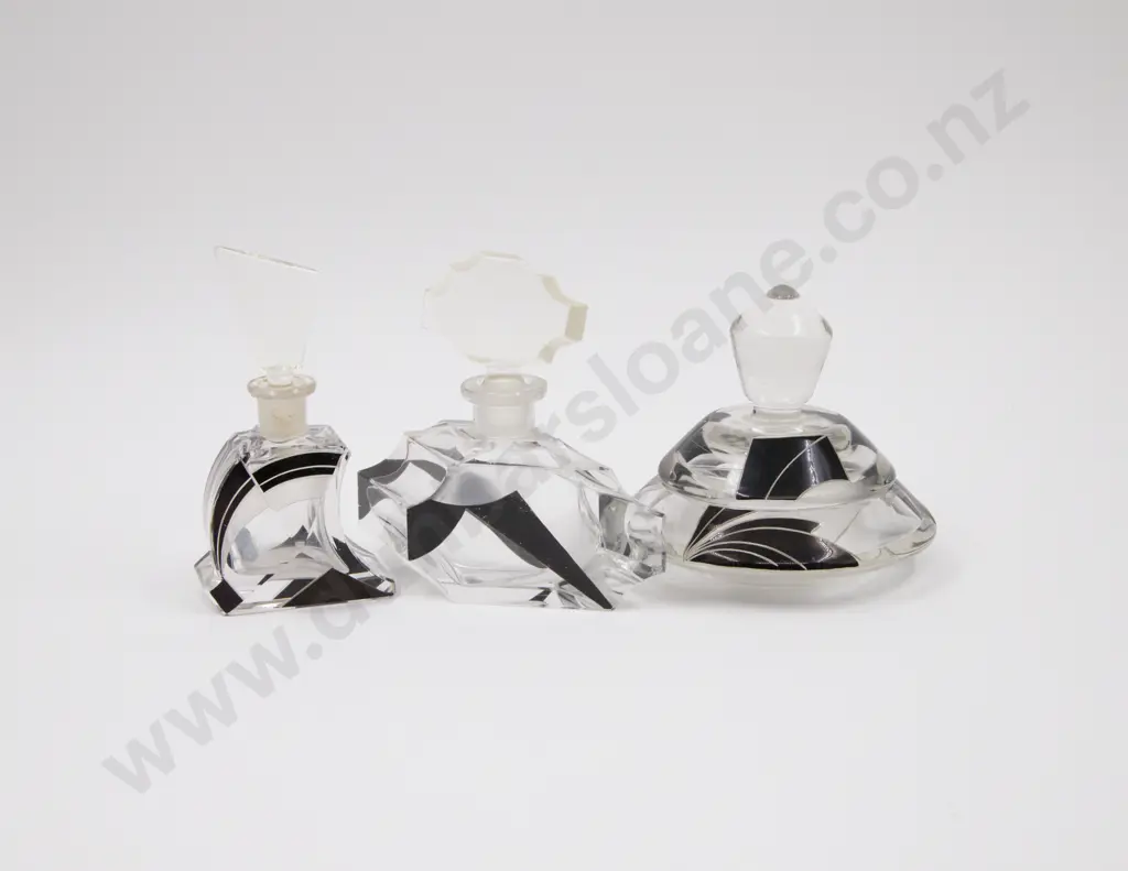 Three Various Art Deco Czech Black Enamel Crystal Perfume Bottles Image 1++