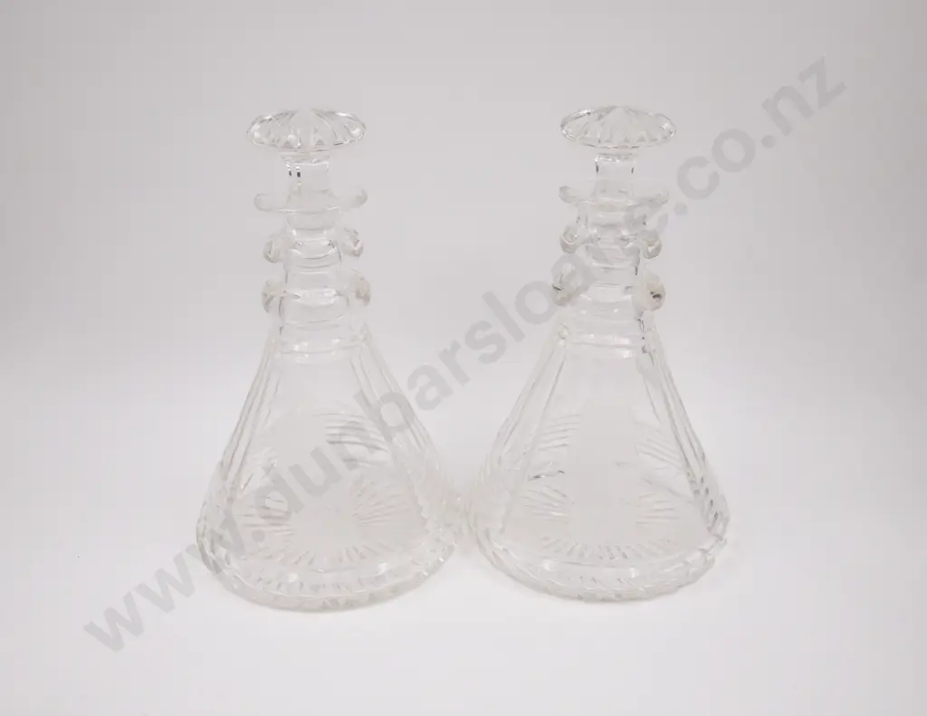 Pair Heavy Cut Crystal Ships Decanters Image 1++