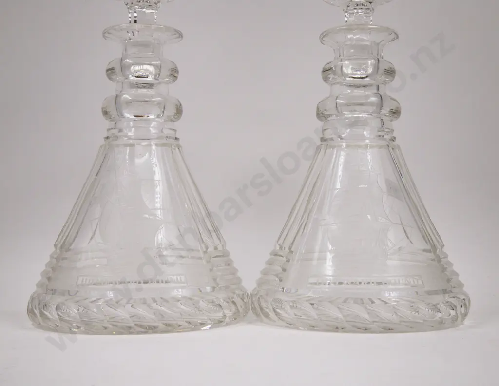 Pair Heavy Cut Crystal Ships Decanters Image 1++