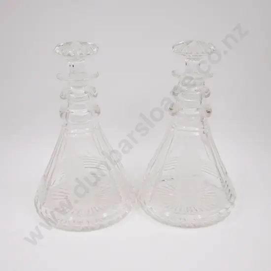 Pair Heavy Cut Crystal Ships Decanters