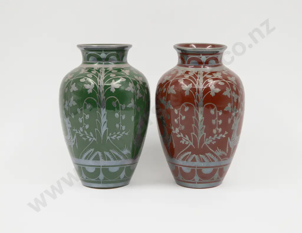 Pair Art Deco Red and Green Glazed Terra Cotta Vases Image 1++