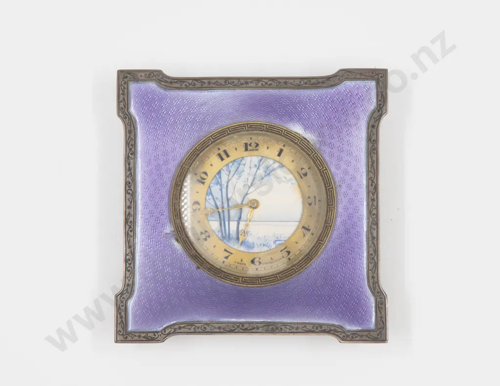 Edwardian Mauve Guilloche Enamel on Silver Table Clock Image 1++