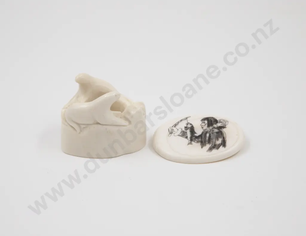 Alaskan Native Marine Ivory Carving of Seals and Scrimshaw Decorated Oval Brooch Image 1++