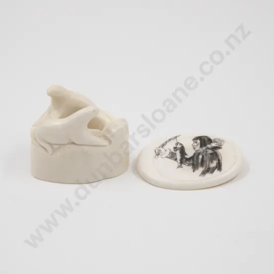 Alaskan Native Marine Ivory Carving of Seals and Scrimshaw Decorated Oval Brooch
