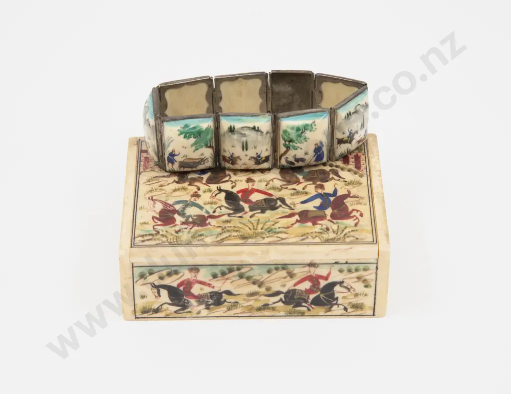 Vintage Persian Handpainted Casein Cigarette Box with Metal and Bone Painted Bracelet Image 1++