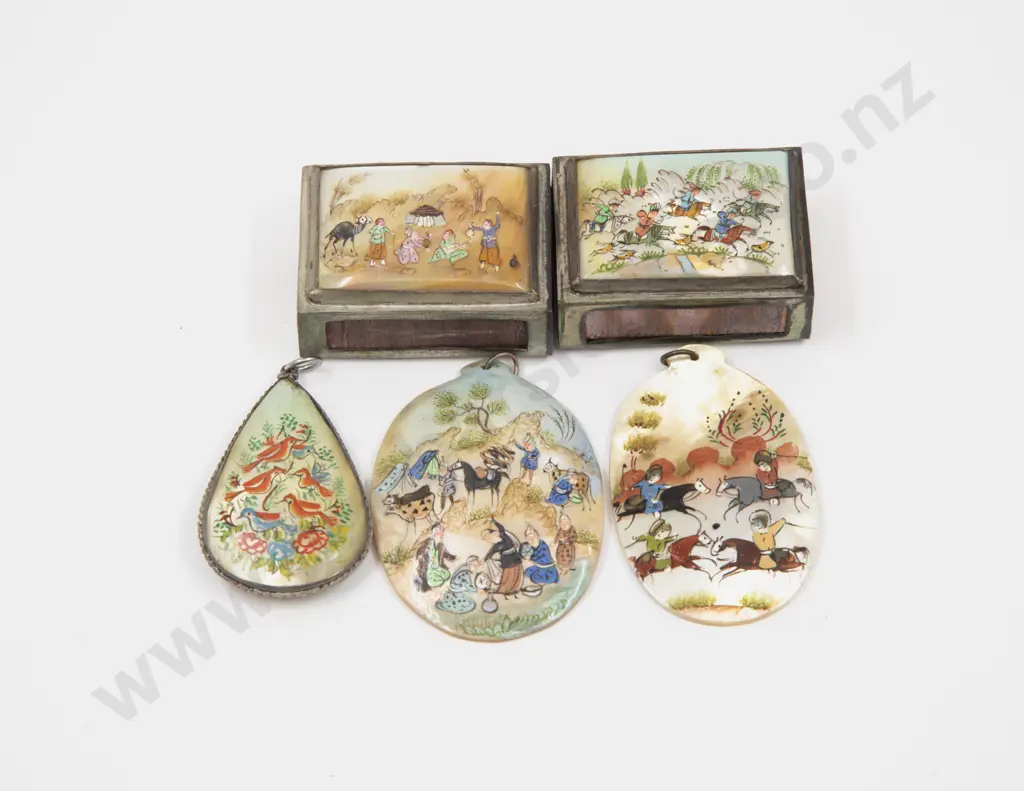 Two Vintage Persian Handpainted Metal & MOP Matchbox Covers and Three Pendants Image 1++