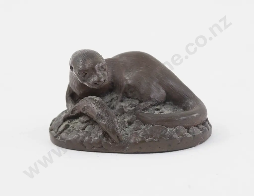 Small Bronze Figure Group of Otter with Fish Catch Image 1++