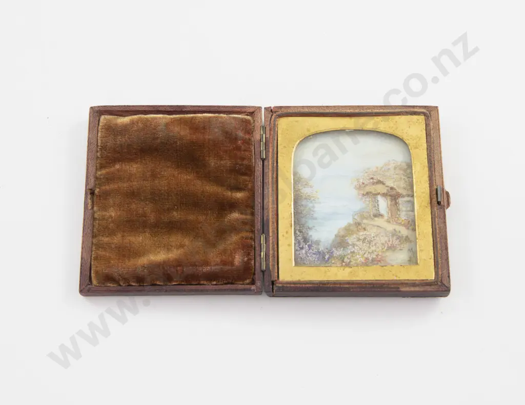 Small Vict Leather Cased Oil Landscape Of A Hilltop Cottage By The Sea Image 1++
