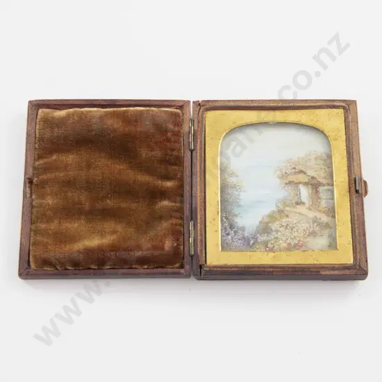 Small Vict Leather Cased Oil Landscape Of A Hilltop Cottage By The Sea
