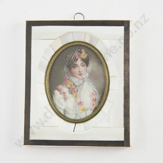 Piano Key Ivory Framed Grand Tour Portrait Miniature of a Young Woman