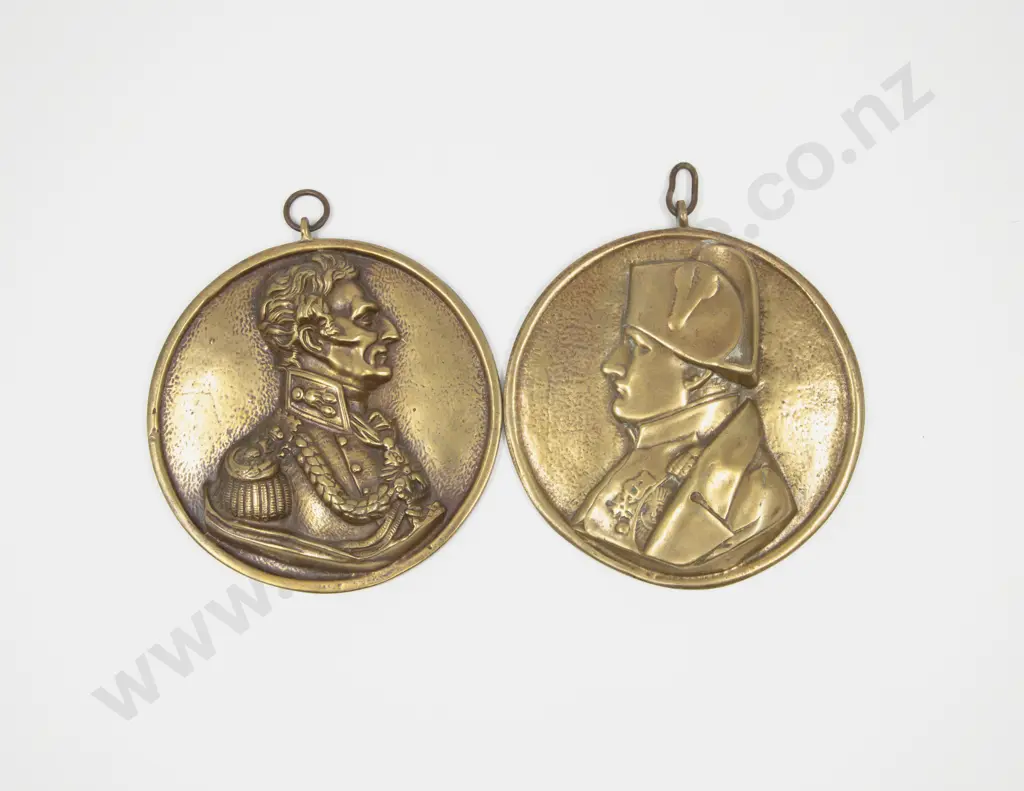 Pair Embossed Brass Plaques of Napoleon and Wellington Image 1++