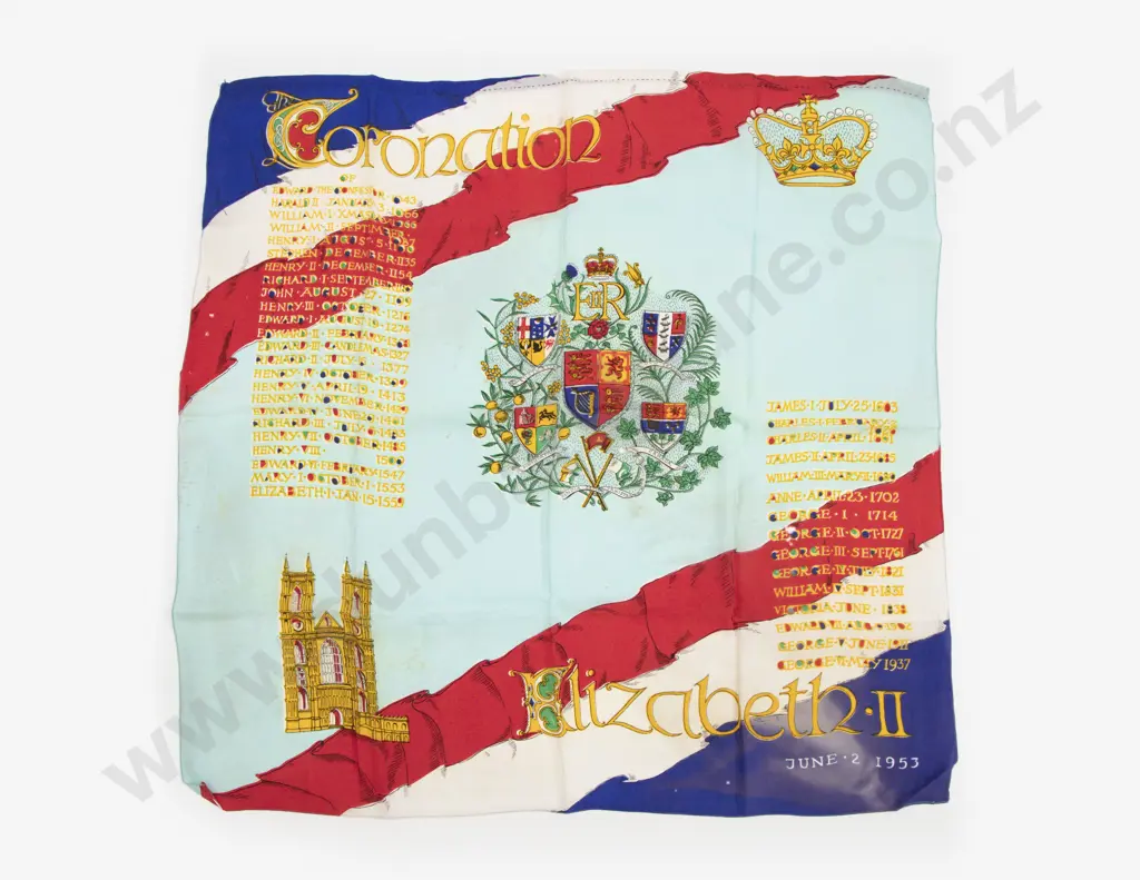 1953 Queen Elizabeth II Coronation Silk Scarf Image 1++