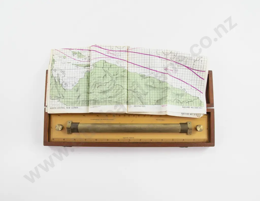 W H Harling Ltd Mahogany Cased Boxwood and Brass Rolling Rule Image 1++