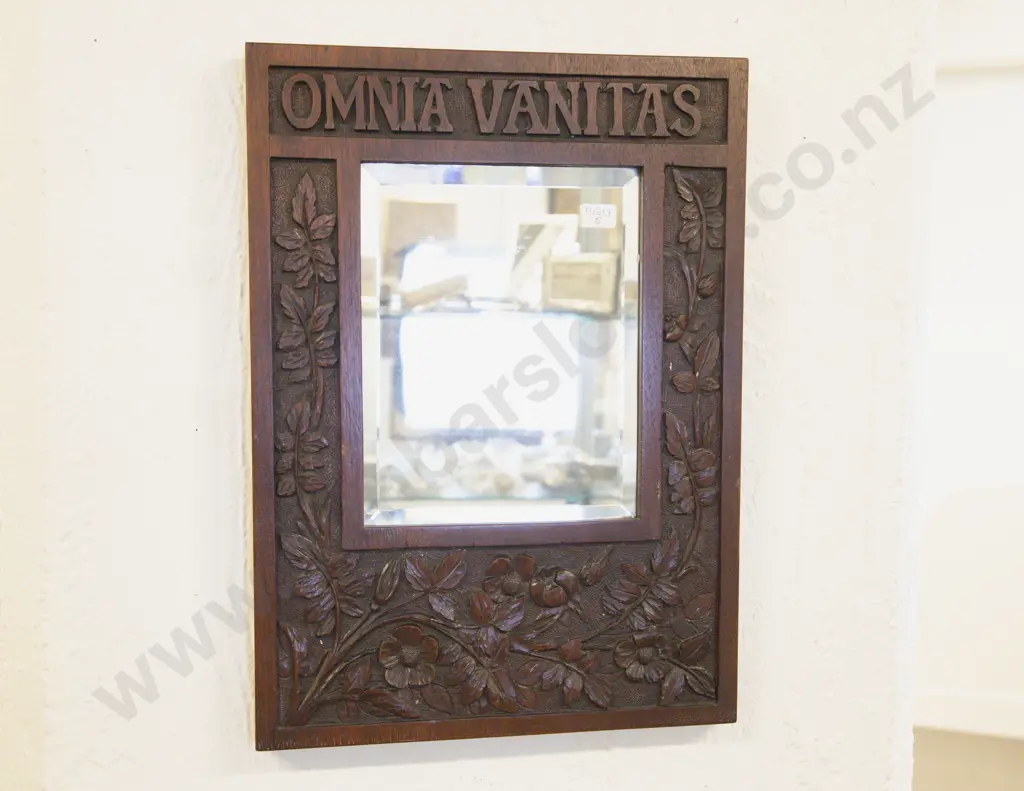 Arts & Crafts Oak Floral Carved Mirror With Latin "Omnia Vanitas" Motto Image 1++
