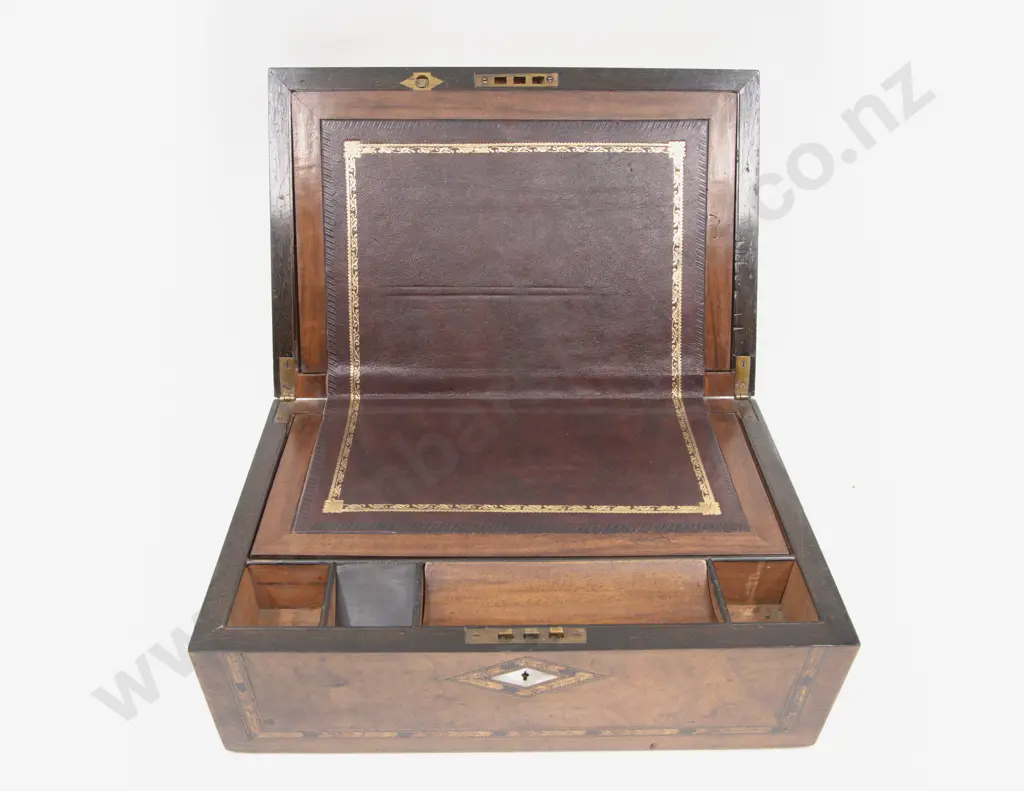 Vict Walnut & Parquetry Portable Writing Box Image 1++