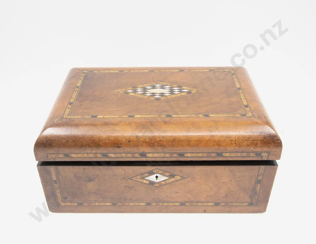 Vict Walnut & Parquetry Portable Writing Box Image 1++
