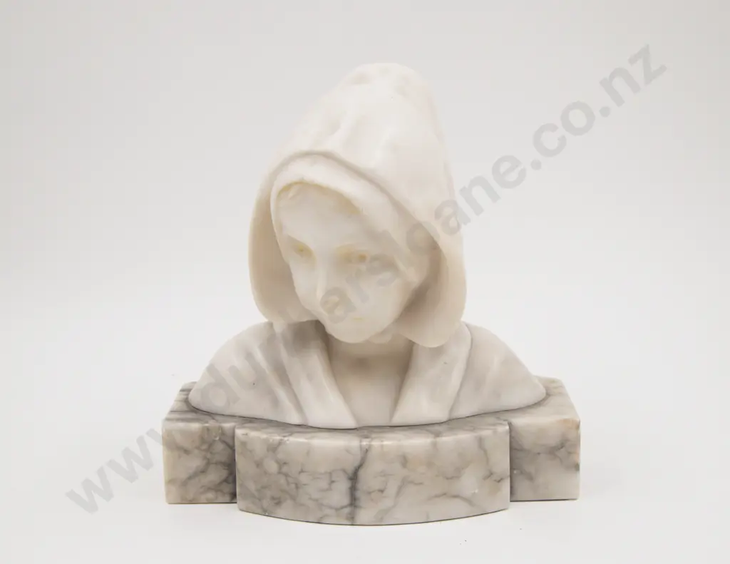 Art Nouveau Marble Bust of a Young Girl with Bonnet Image 1++