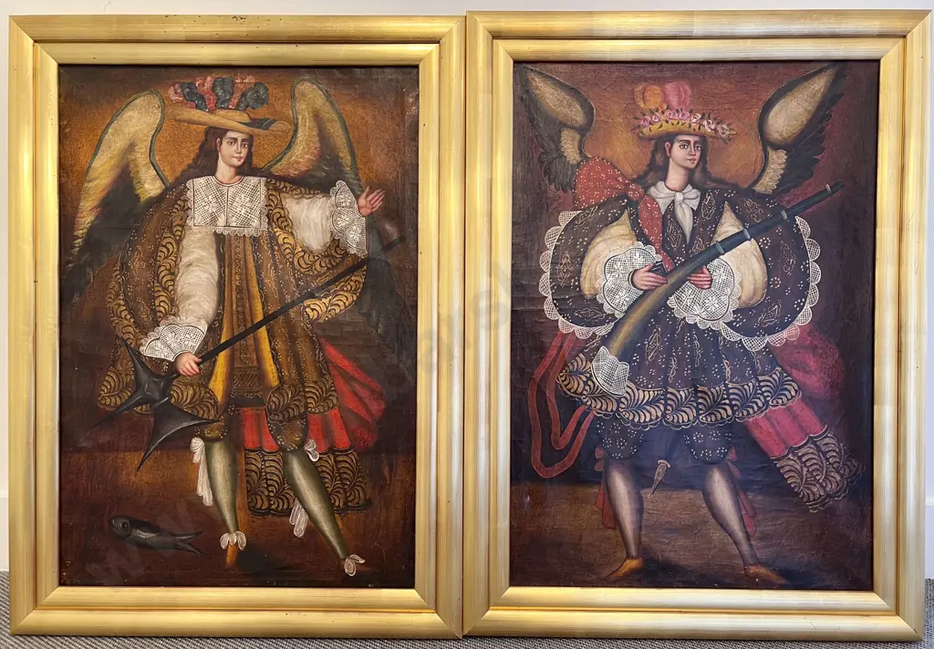 Two Cuzco School Type Peruvian Paintings of Archangels Image 1++