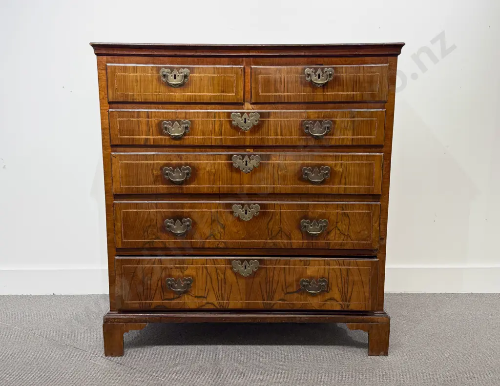 GeoII Walnut Inlaid Flat Front Six Drawer Chest Image 1++