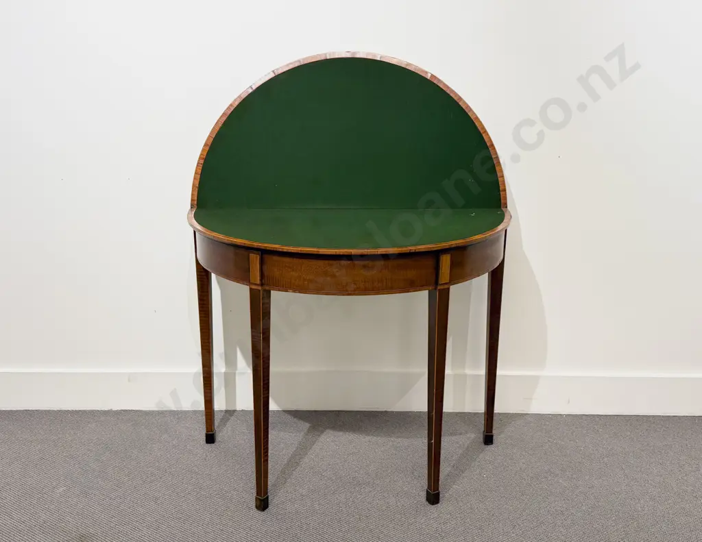 GeoIII Mahogany Satinwood Inlaid 'D' Shape Fold-Over Card Table Image 1++
