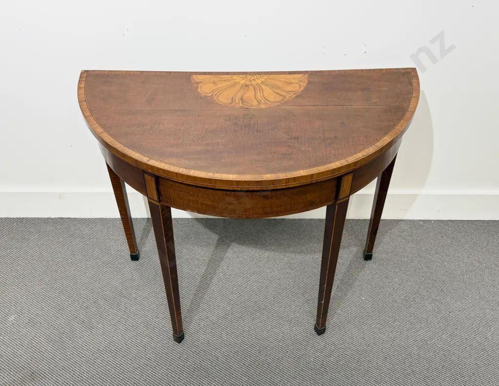 GeoIII Mahogany Satinwood Inlaid 'D' Shape Fold-Over Card Table Image 1++