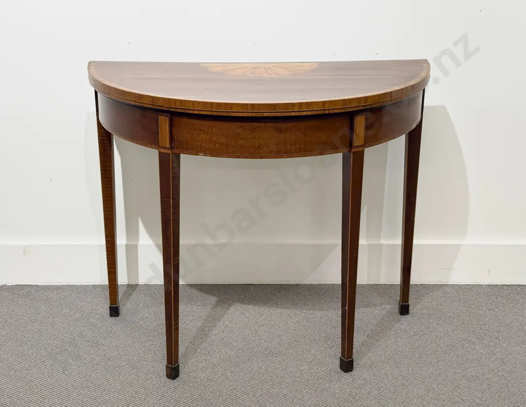 GeoIII Mahogany Satinwood Inlaid 'D' Shape Fold-Over Card Table Image 1++