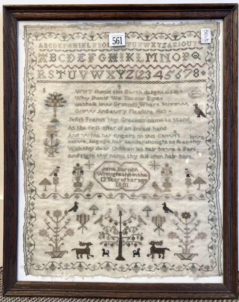 C19th Framed Sampler worked by Jane Furnish 13Years 1801 Image 1++