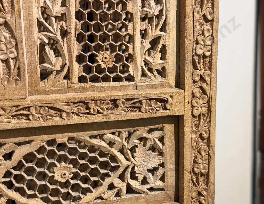 Ornately Indian Teak Four Panel Screen Image 1++