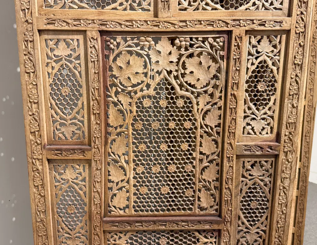 Ornately Indian Teak Four Panel Screen Image 1++