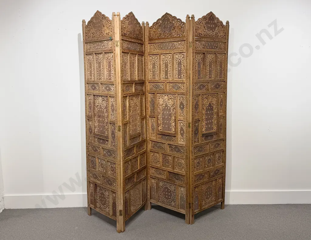 Ornately Indian Teak Four Panel Screen Image 1++