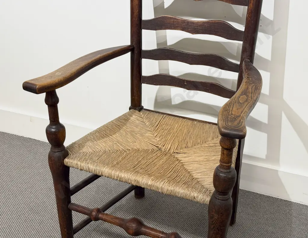 Early C19th Elm Ladder Back Open Arm Chair Image 1++